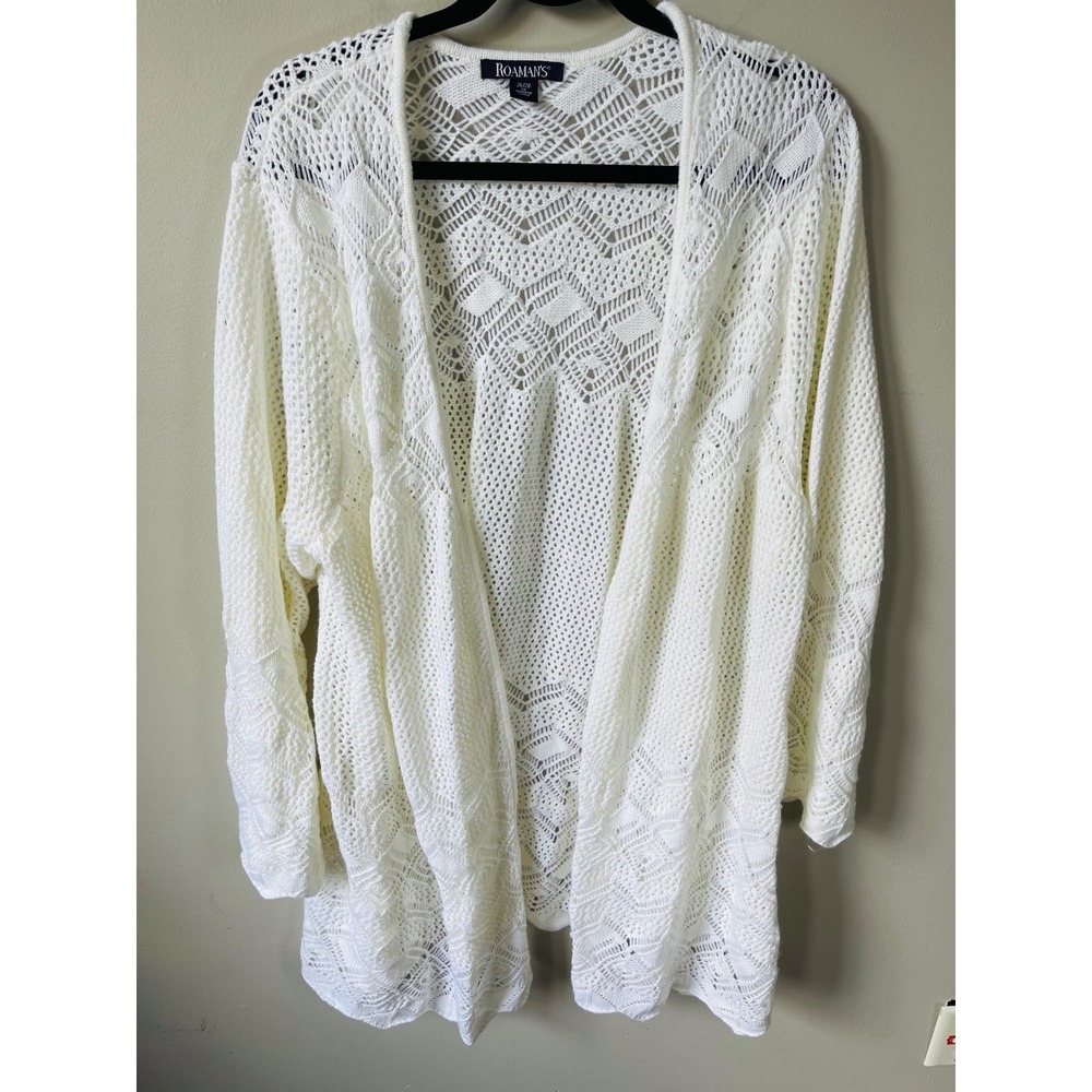 Roamans Womens 2X White Crochet Knit Open Front Cardigan Sweater casual comfort